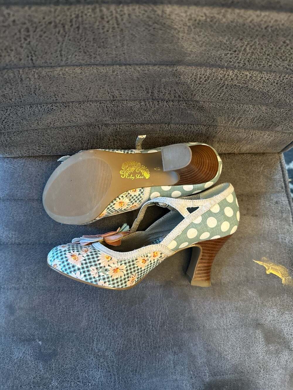 Ruby Shoo Dee Mint & Peach Polka Dot Gingham Floral Mary Jane Heels - Picture 4 of 6